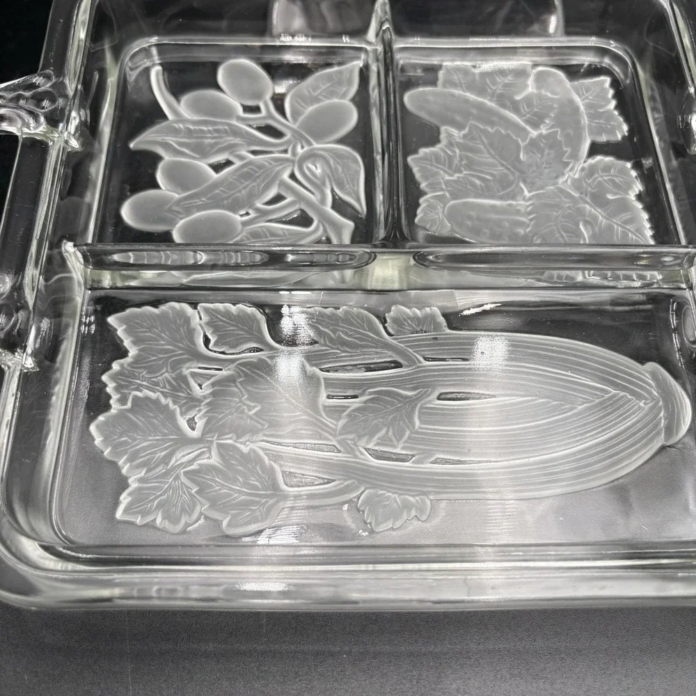 Vtg Duncan Miller Intaglio Carved Glass 3-Section 7x8.5